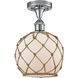 Edison Farmhouse Rope 1 Light 8 inch Polished Chrome Semi-Flush Mount Ceiling Light in White Glass with Brown Rope