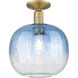 Downtown Urban Brookhaven Sphere 1 Light 10 inch Brushed Brass Semi-Flush Mount Ceiling Light in Sapphire Blue Glass