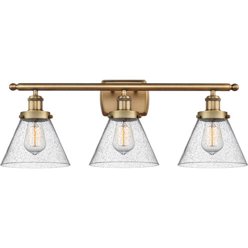 Ballston Large Cone 3 Light 26 inch Brushed Brass Bath Vanity Light Wall Light in Seedy Glass