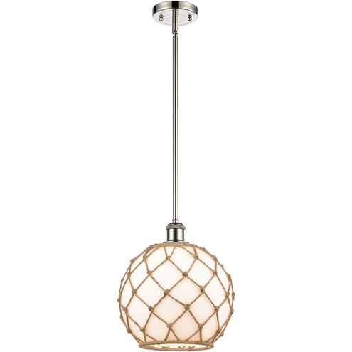 Ballston Farmhouse Rope 1 Light 10 inch Polished Nickel Mini Pendant Ceiling Light in Bulb Not Included, White Glass with Brown Rope, Ballston