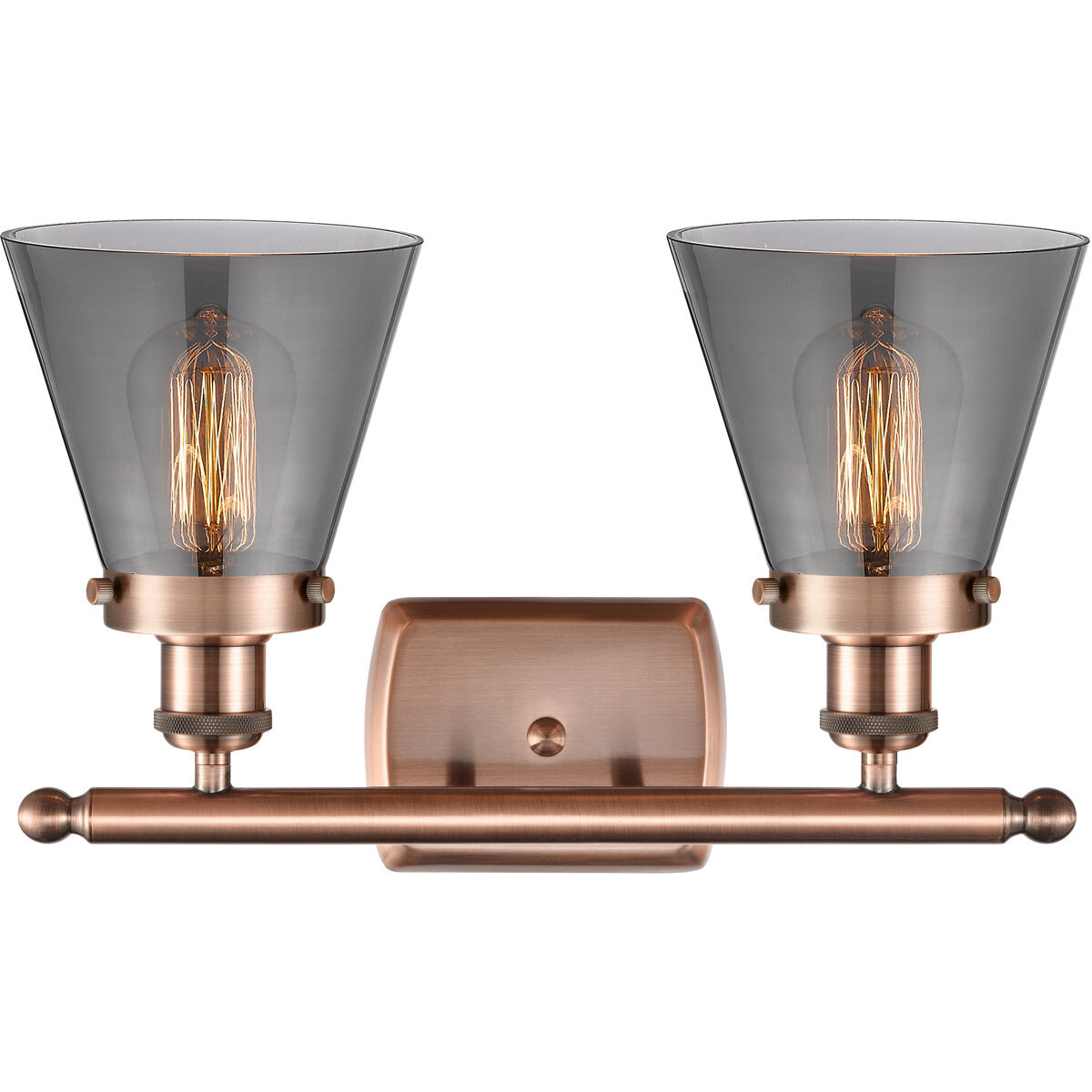 Ballston Small Cone 2 Light 16 inch Antique Copper Bath Vanity Light Wall Light in Plated Smoke Glass