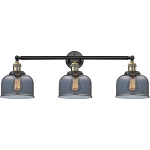 Franklin Restoration Large Bell 3 Light 32 inch Black Antique Brass Bath Vanity Light Wall Light in Plated Smoke Glass, Franklin Restoration
