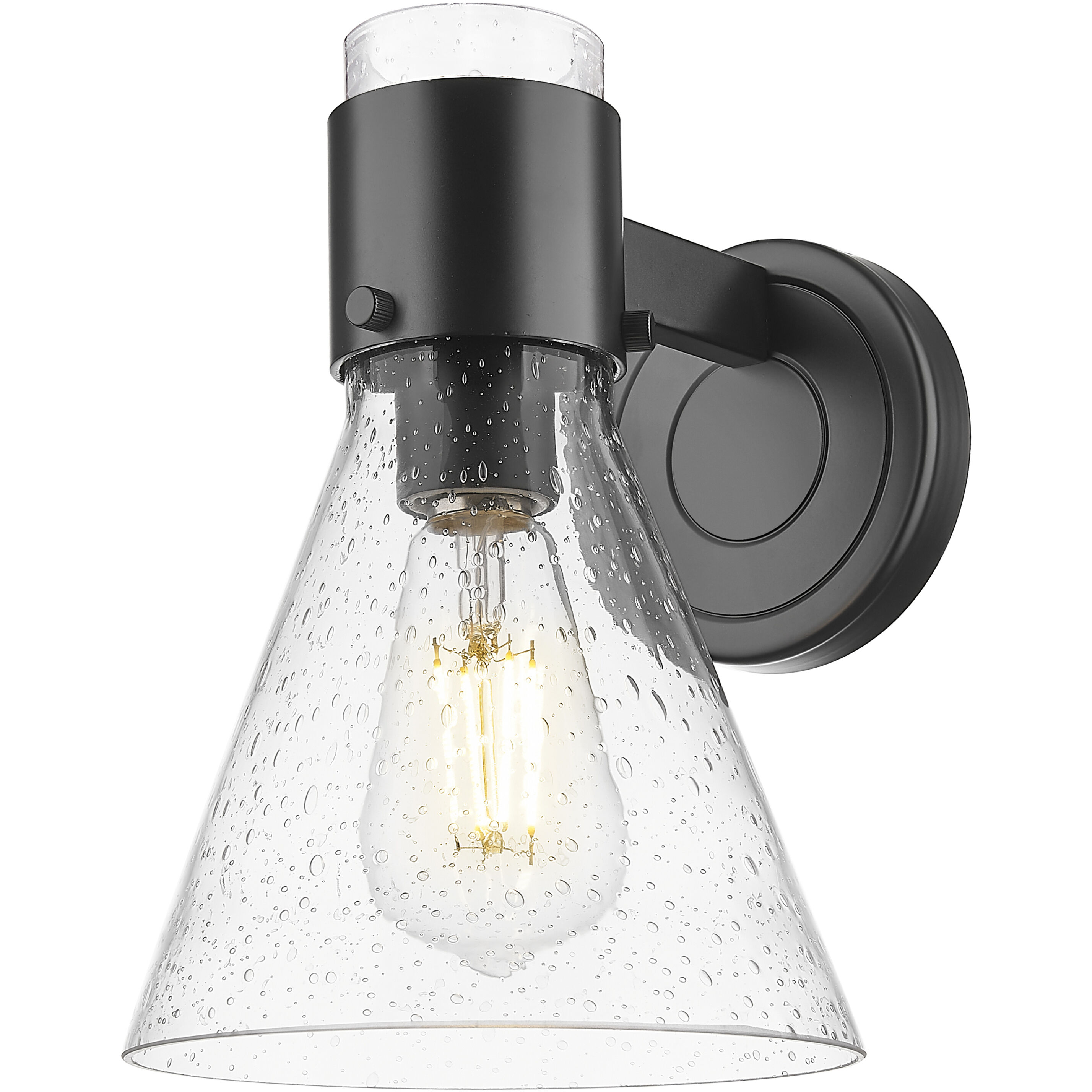 Lawton Cone Sconce Wall Light in Matte Black, Seedy Glass