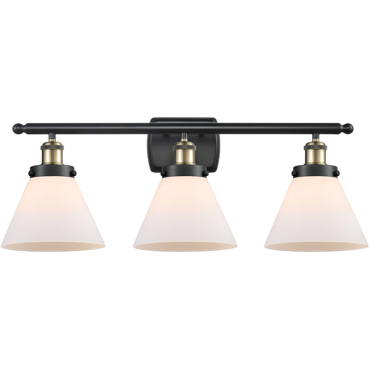 Ballston Large Cone 3 Light 26 inch Black Antique Brass Bath Vanity Light Wall Light in Matte White Glass
