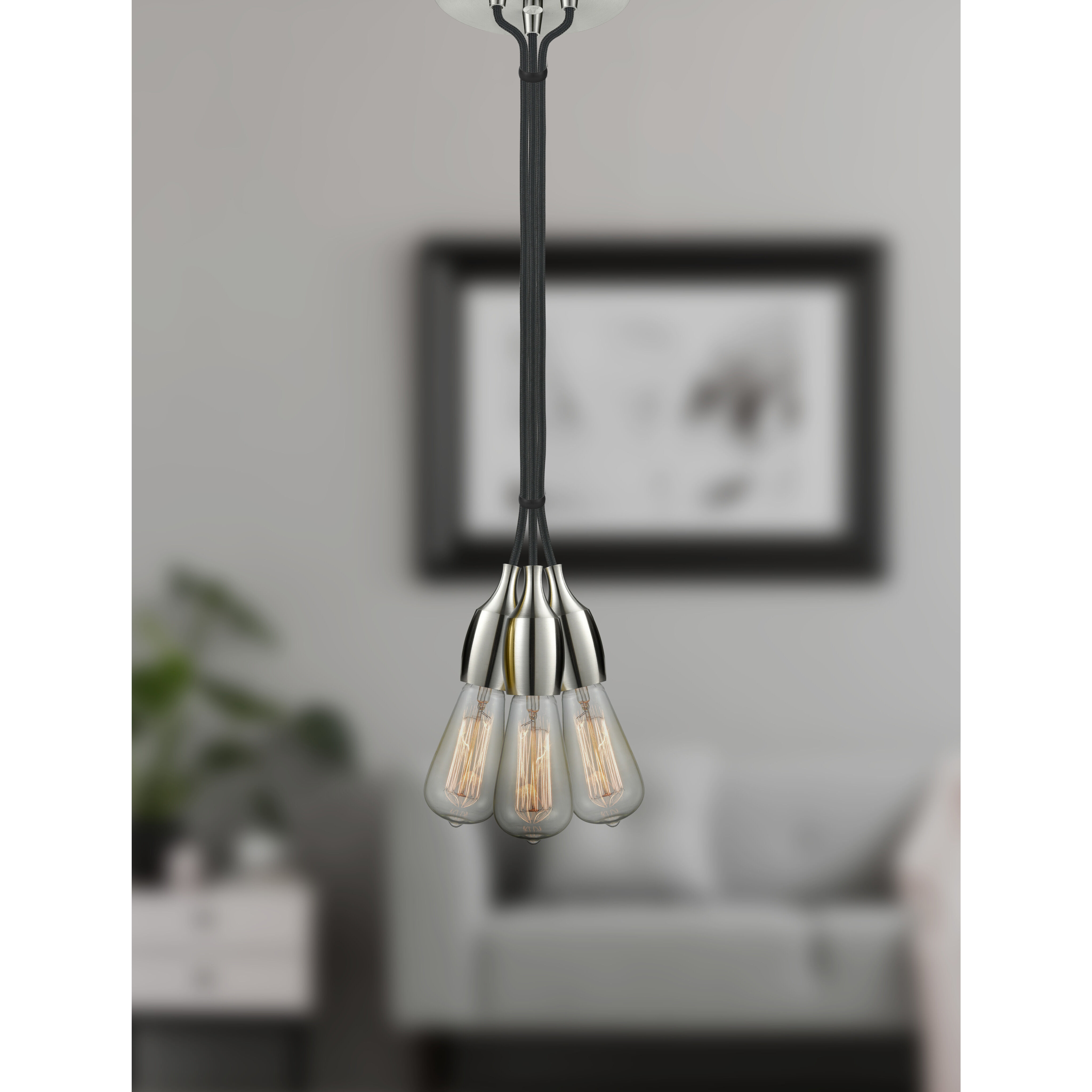 Chelsea Bare Bulb 3 Light 6 inch Brushed Satin Nickel Multi-Pendant Ceiling Light, Chelsea