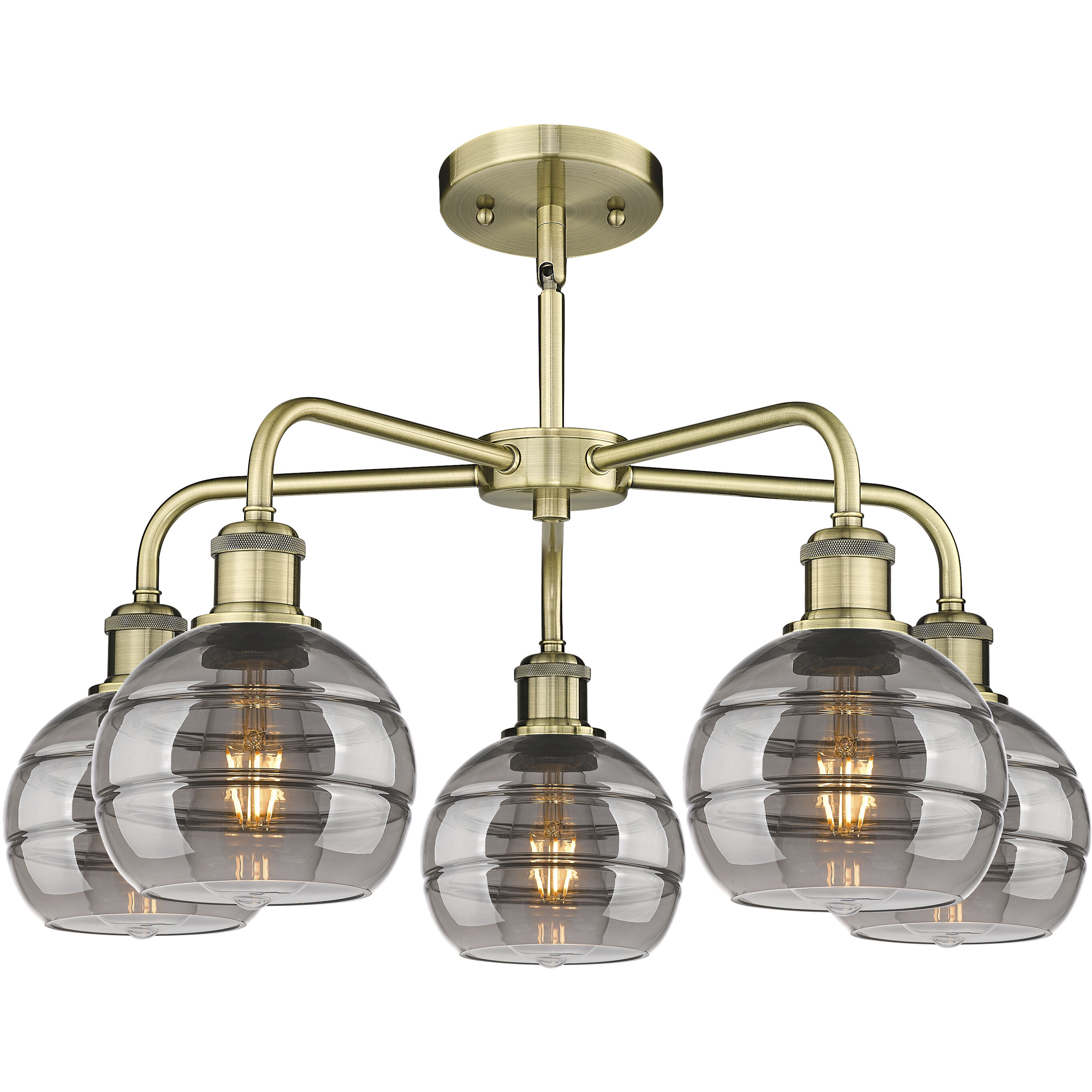 Ballston Rochester 5 Light 23.88 inch Antique Brass Stem Hung Chandelier Ceiling Light in Light Smoke Glass