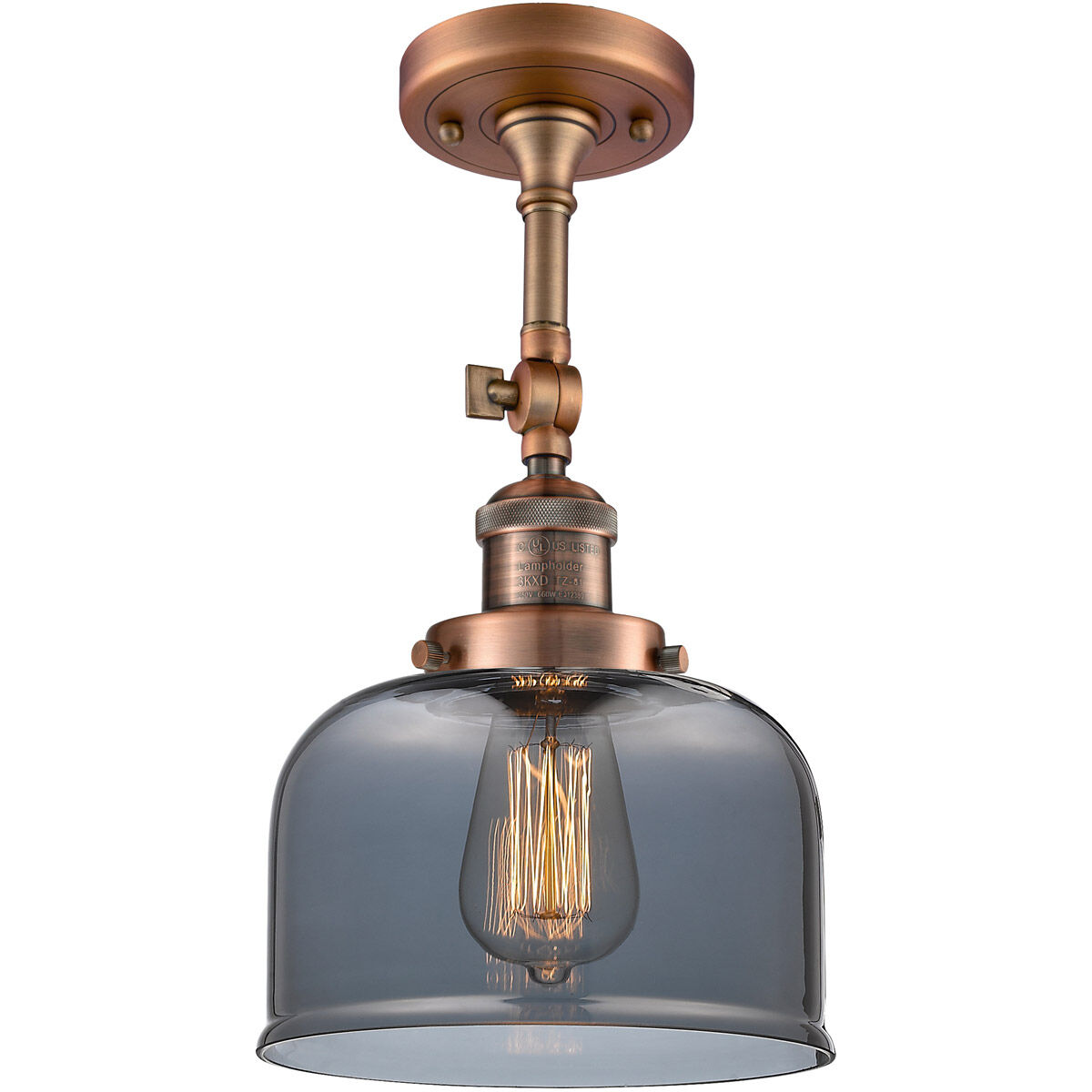 Franklin Restoration Large Bell LED 8 inch Antique Copper Semi-Flush Mount Ceiling Light in Plated Smoke Glass, Franklin Restoration