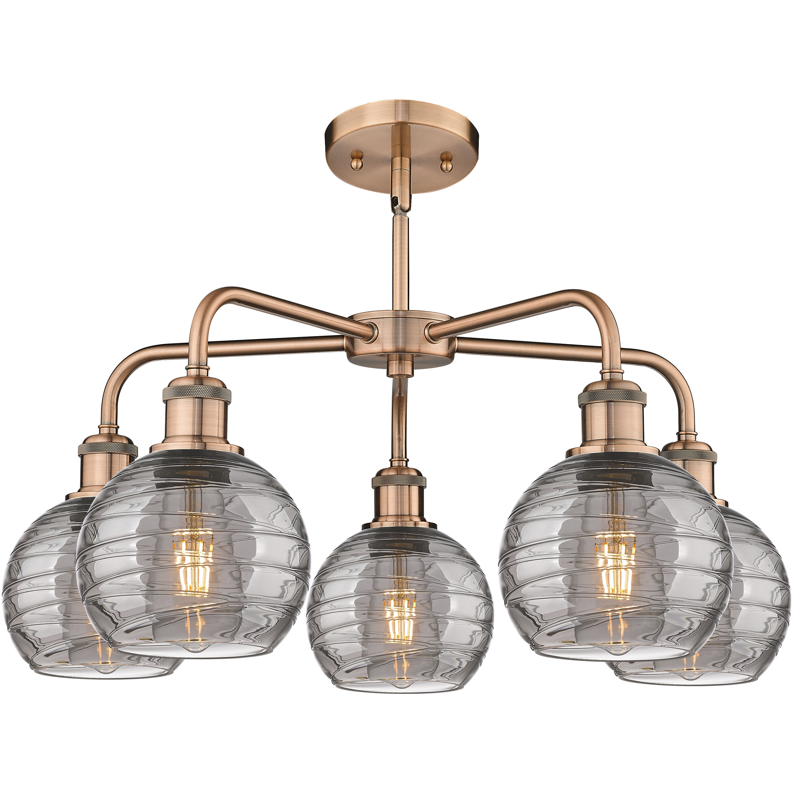 Ballston Athens Deco Swirl 5 Light 23.88 inch Antique Copper Stem Hung Chandelier Ceiling Light in Light Smoke Deco Swirl Glass
