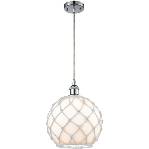 Ballston Large Farmhouse Rope LED 10 inch Polished Chrome Mini Pendant Ceiling Light in White Glass with White Rope, Silver, Ballston