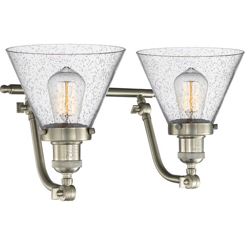 Franklin Restoration Large Cone 2 Light 18 inch Brushed Satin Nickel Bath Vanity Light Wall Light in Seedy Glass, Franklin Restoration