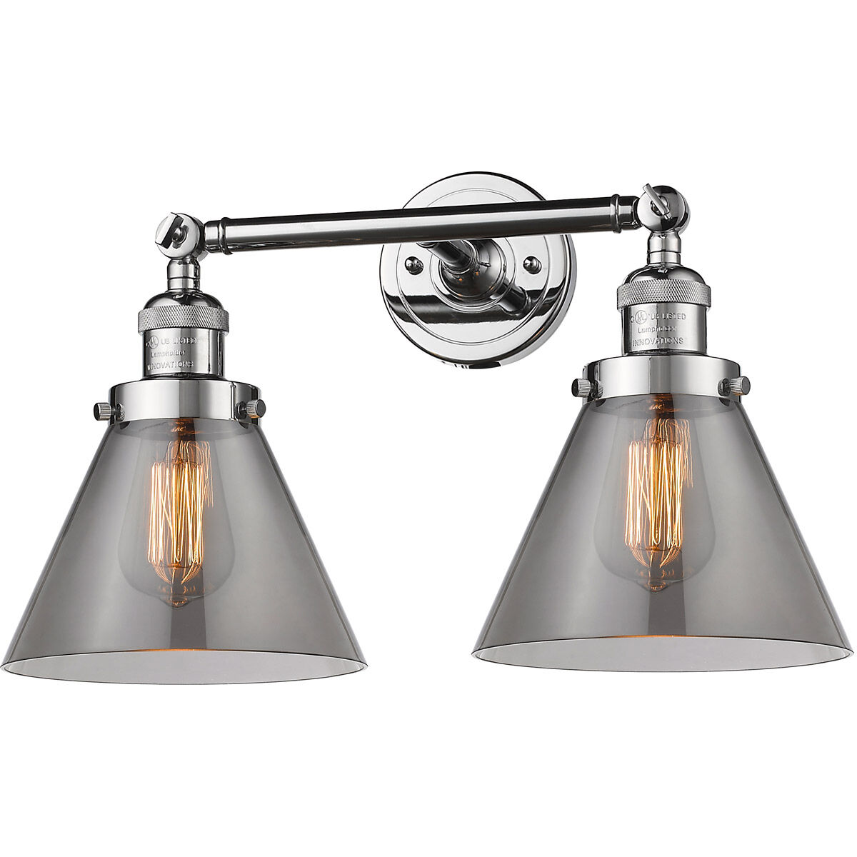 Franklin Restoration Large Cone LED 8 inch Polished Chrome Bath Vanity Light Wall Light in Plated Smoke Glass, Franklin Restoration