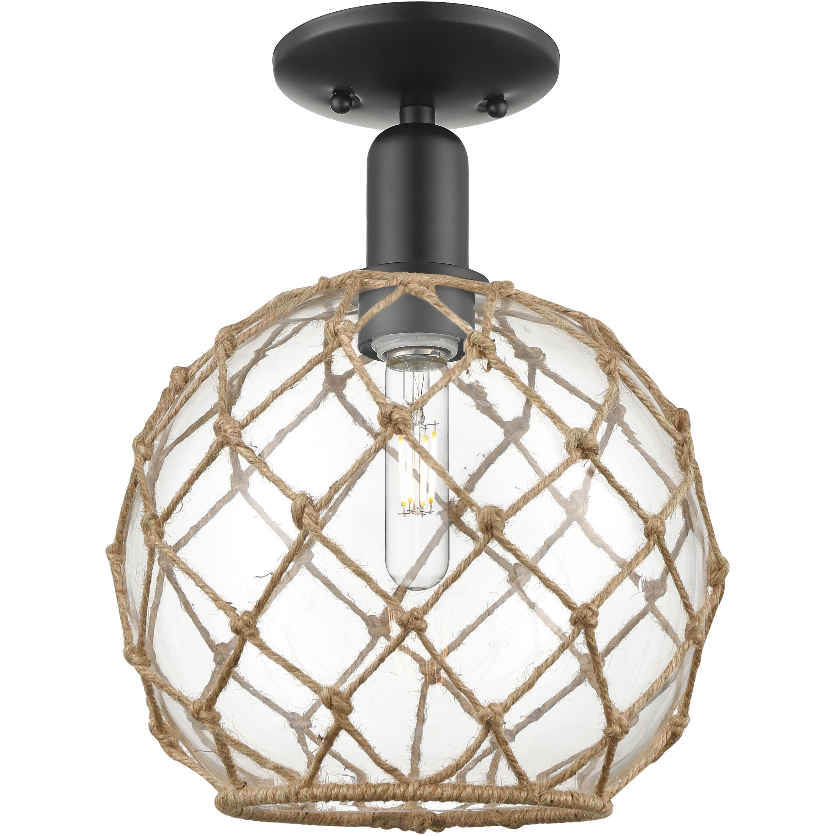 Arcadia Farmhouse Rope 1 Light 10 inch Matte Black Semi-Flush Mount Ceiling Light in Clear Glass with Brown Rope