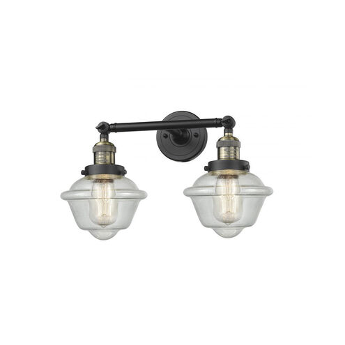 Franklin Restoration Small Oxford 2 Light 17 inch Black Antique Brass Bath Vanity Light Wall Light in Seedy Glass, Franklin Restoration
