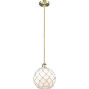 Edison Farmhouse Rope 1 Light 10 inch Antique Brass Mini Pendant Ceiling Light in White Glass with White Rope