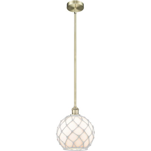 Edison Farmhouse Rope 1 Light 10 inch Antique Brass Mini Pendant Ceiling Light in White Glass with White Rope