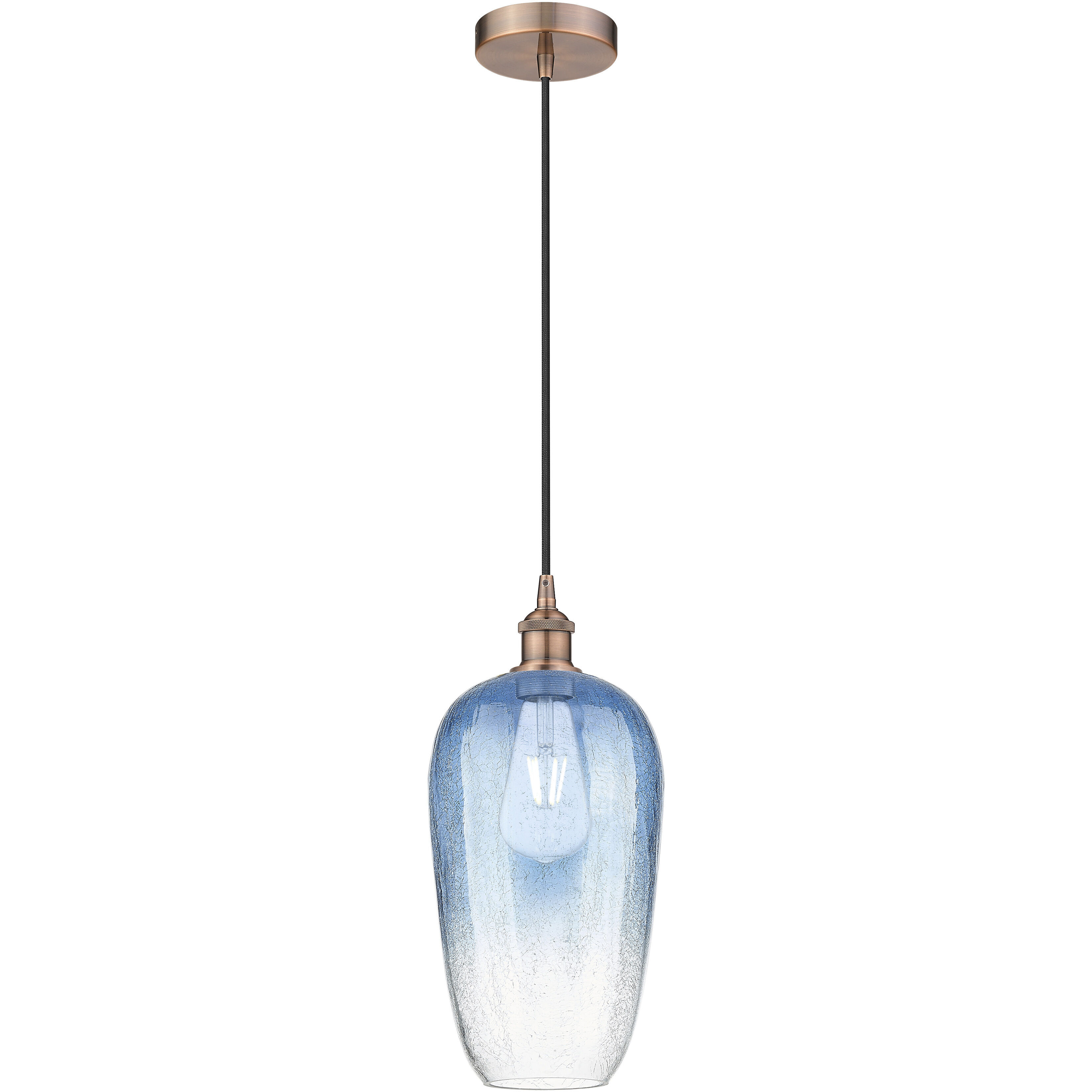 Edison Brookhaven Flute 1 Light 7 inch Antique Copper Mini Pendant Ceiling Light in Sapphire Blue Glass