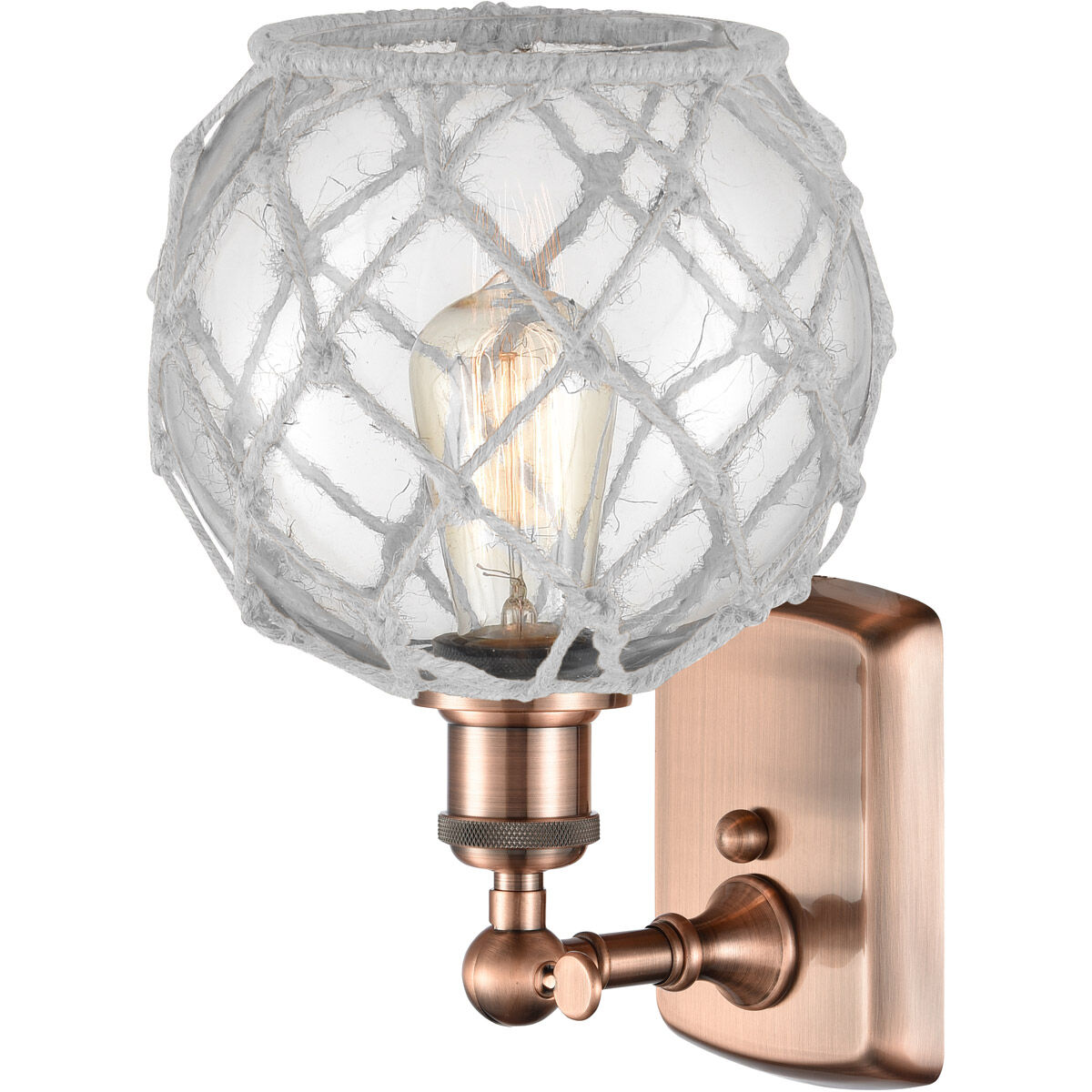 Ballston Farmhouse Rope LED 8 inch Antique Copper Sconce Wall Light in Clear Glass with White Rope, Ballston