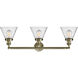 Franklin Restoration Large Cone 3 Light 32 inch Antique Brass Bath Vanity Light Wall Light in Incandescent, Seedy Glass, Franklin Restoration