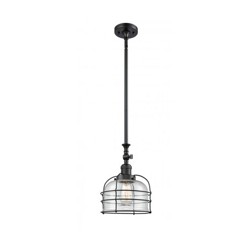 Franklin Restoration Large Bell Cage LED 9 inch Matte Black Mini Pendant Ceiling Light in Seedy Glass, Franklin Restoration