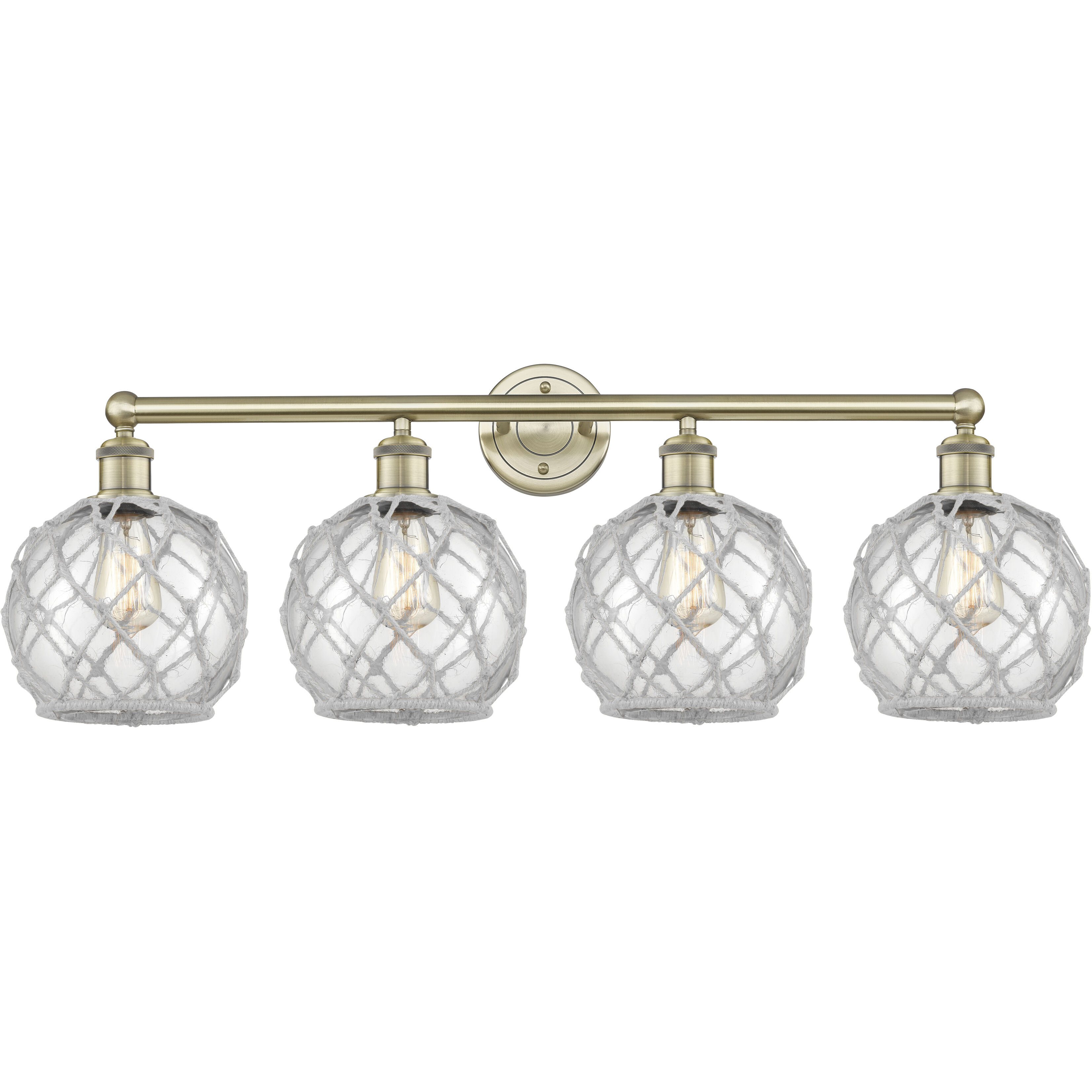 Edison Farmhouse Rope 4 Light 35 inch Antique Brass Bath Vanity Light Wall Light in Clear Glass with White Rope