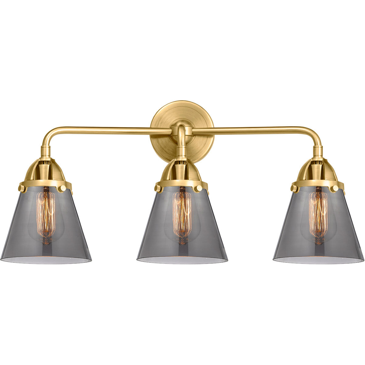 Nouveau 2 Small Cone 3 Light 24 inch Satin Gold Bath Vanity Light Wall Light in Plated Smoke Glass