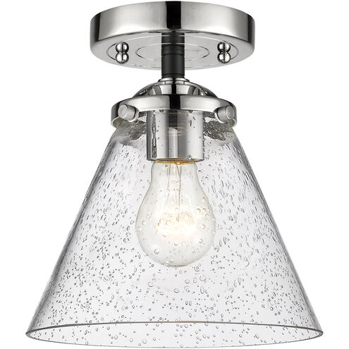 Nouveau Large Cone LED 8 inch Black Polished Nickel Semi-Flush Mount Ceiling Light in Seedy Glass, Nouveau