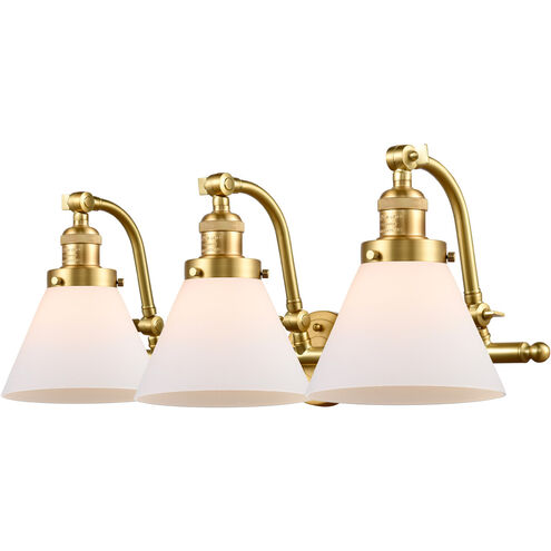 Franklin Restoration Large Cone 3 Light 28 inch Satin Gold Bath Vanity Light Wall Light in Matte White Glass, Franklin Restoration