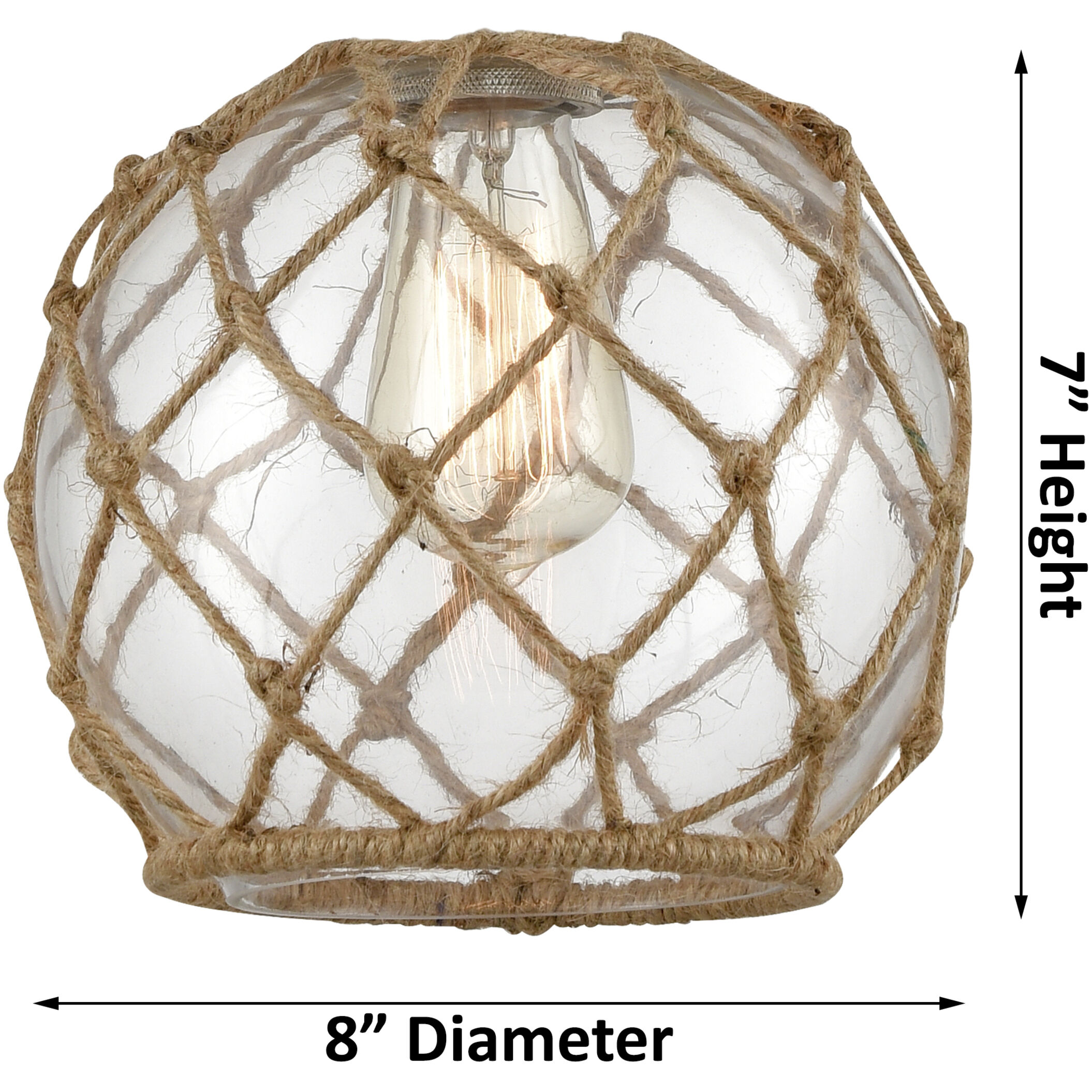 Ballston Farmhouse Rope LED 8 inch Matte Black Semi-Flush Mount Ceiling Light in Clear Glass with Brown Rope, Ballston