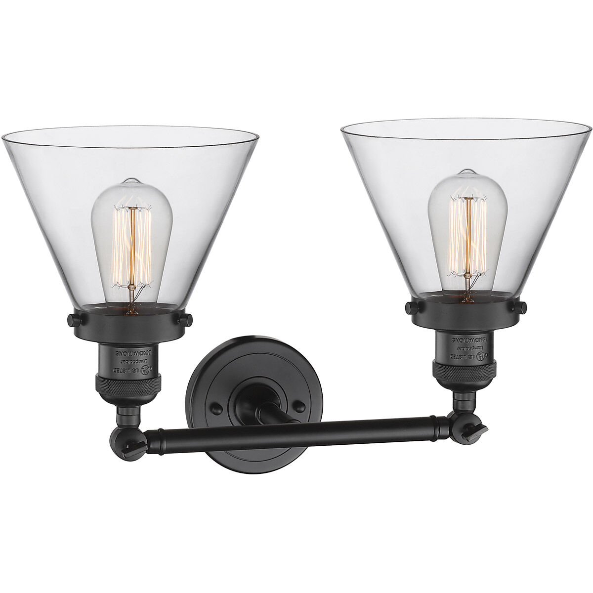 Franklin Restoration Large Cone 2 Light 18 inch Matte Black Bath Vanity Light Wall Light in Clear Glass, Franklin Restoration