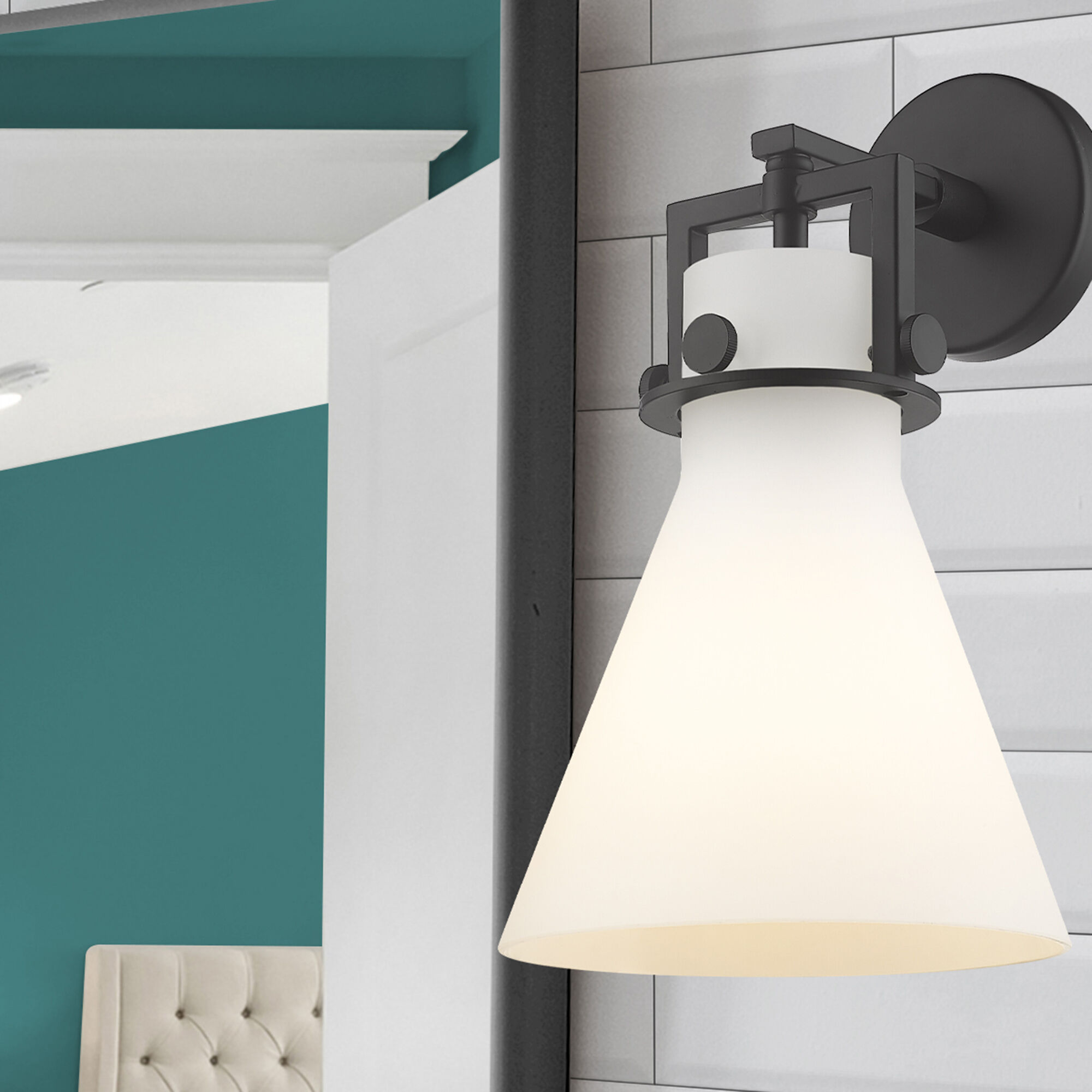 Newton Cone Sconce Wall Light in Matte Black, Matte White Glass