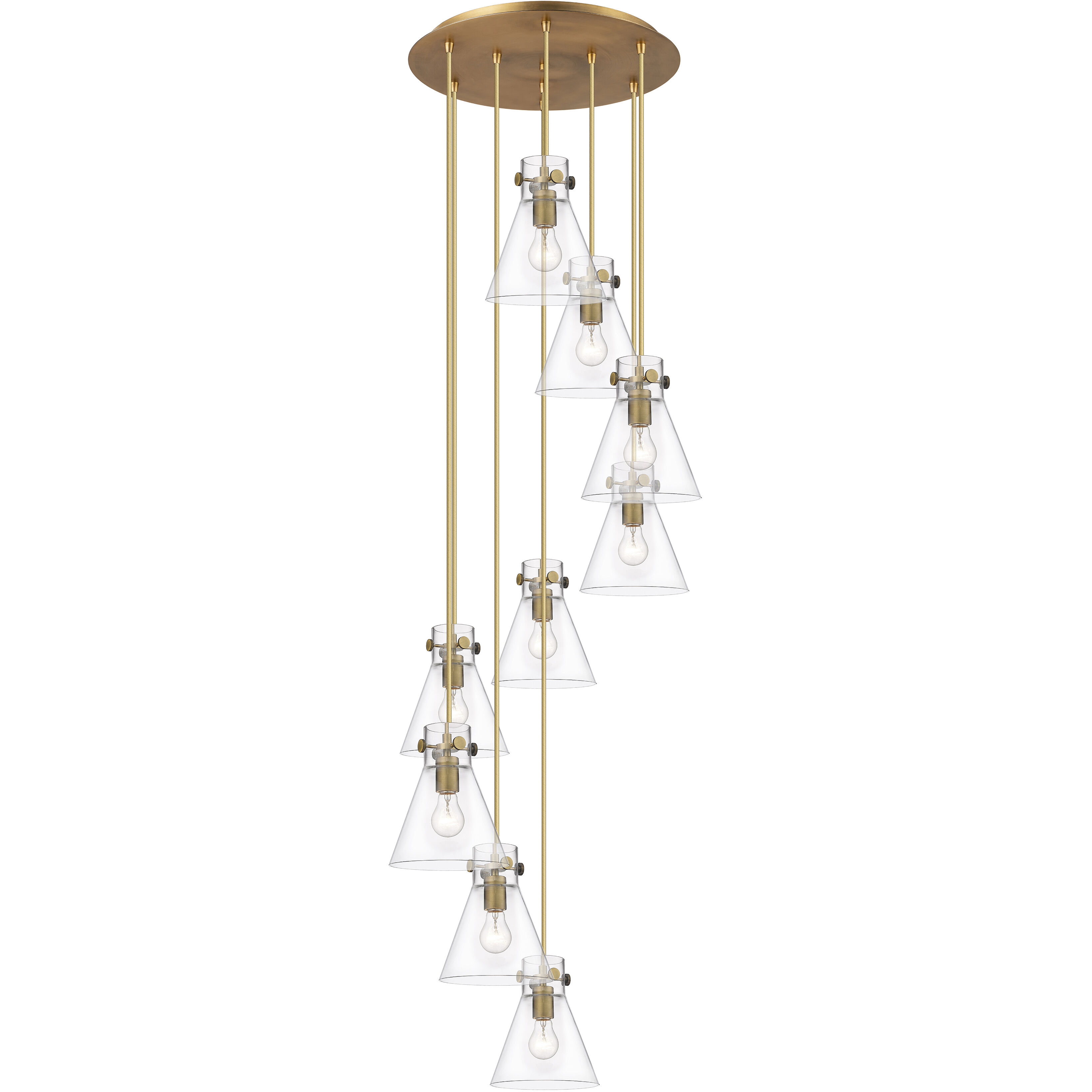 Newton Cone 9 Light 22.13 inch Brushed Brass Multi Pendant Ceiling Light in Clear Glass