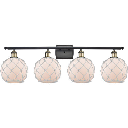 Ballston Farmhouse Rope 4 Light 36 inch Black Antique Brass Bath Vanity Light Wall Light in White Glass with White Rope, Ballston