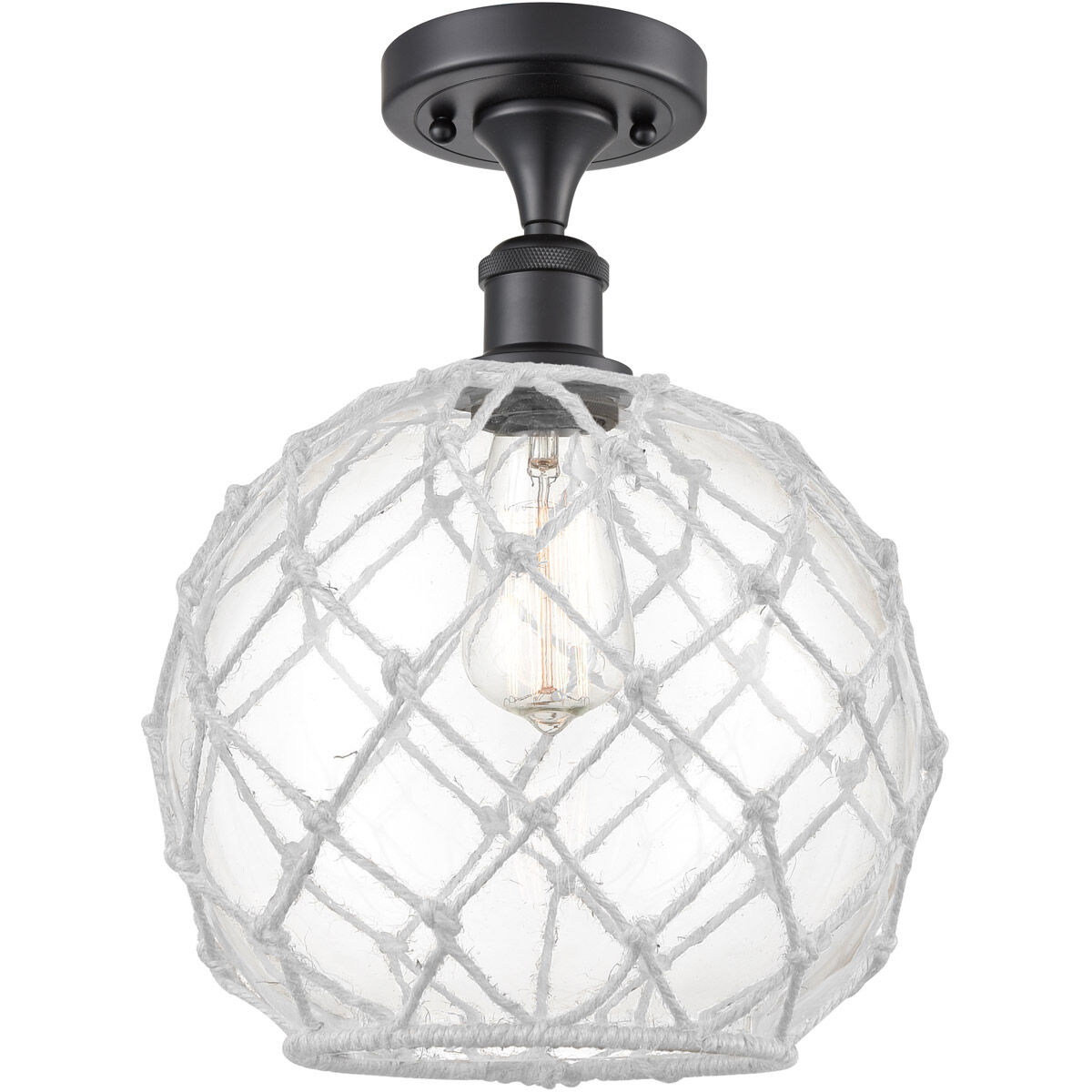 Ballston Large Farmhouse Rope 1 Light 10 inch Matte Black Semi-Flush Mount Ceiling Light in Clear Glass with White Rope, Ballston