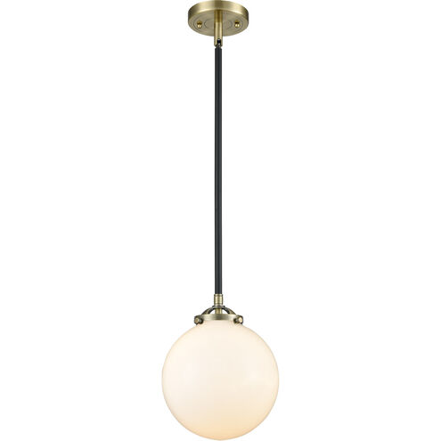 Nouveau Large Beacon LED 8 inch Black Antique Brass Mini Pendant Ceiling Light in Matte White Glass, Nouveau