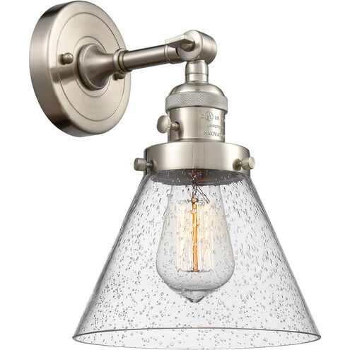 Franklin Restoration Large Cone 1 Light 8 inch Brushed Satin Nickel Sconce Wall Light in Seedy Glass, Franklin Restoration
