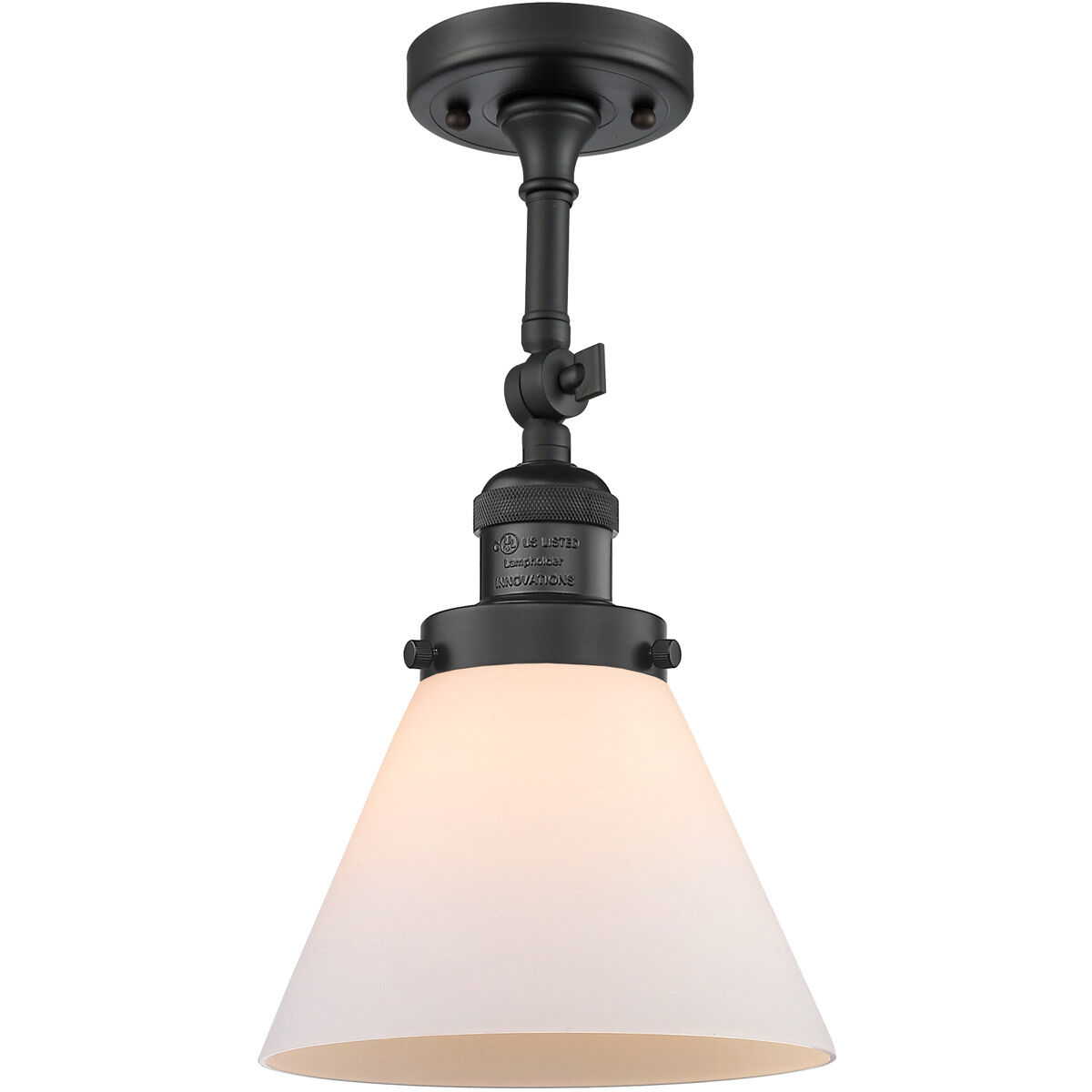 Franklin Restoration Large Cone LED 8 inch Matte Black Semi-Flush Mount Ceiling Light in Matte White Glass, Franklin Restoration