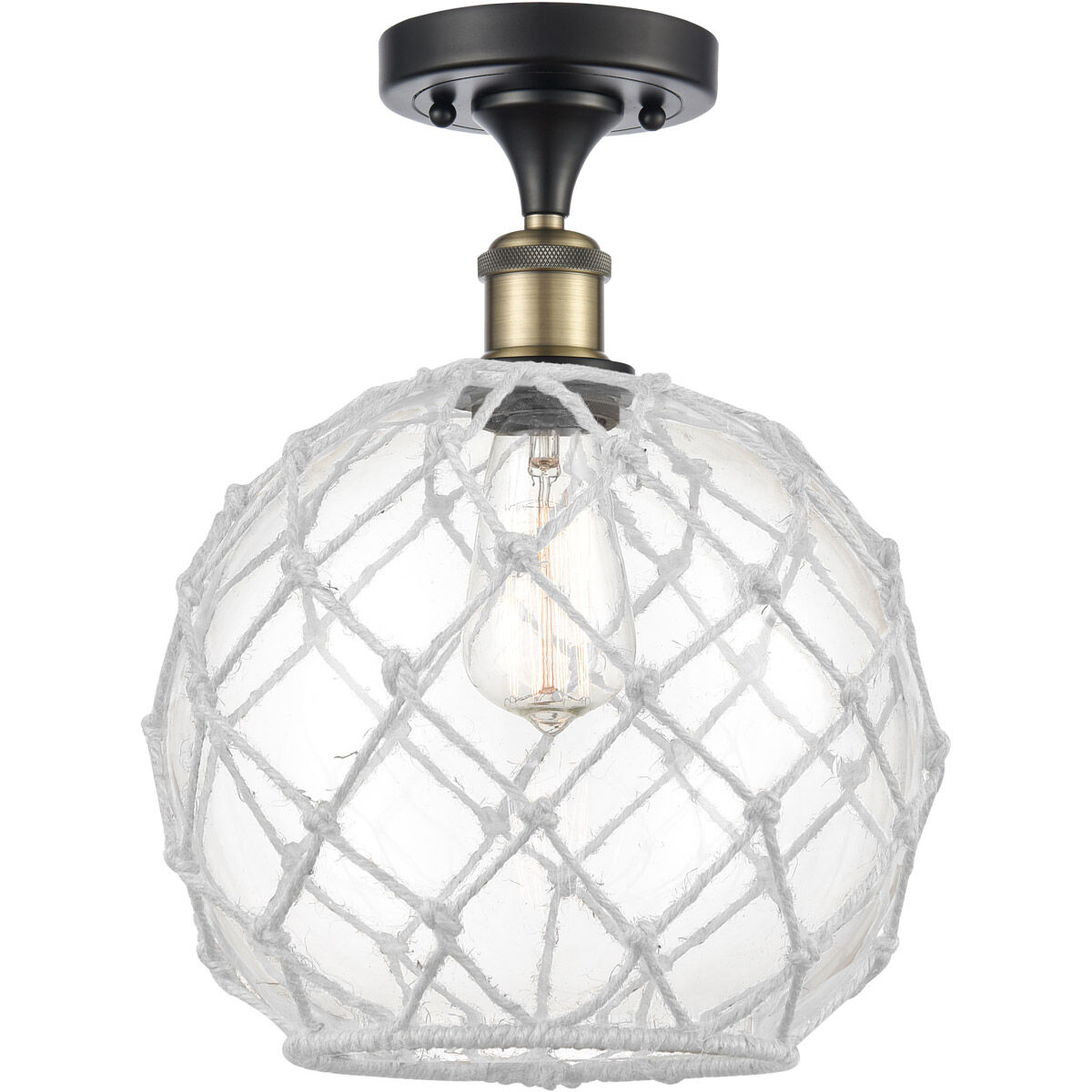 Ballston Large Farmhouse Rope 1 Light 10 inch Black Antique Brass Semi-Flush Mount Ceiling Light in Clear Glass with White Rope, Ballston