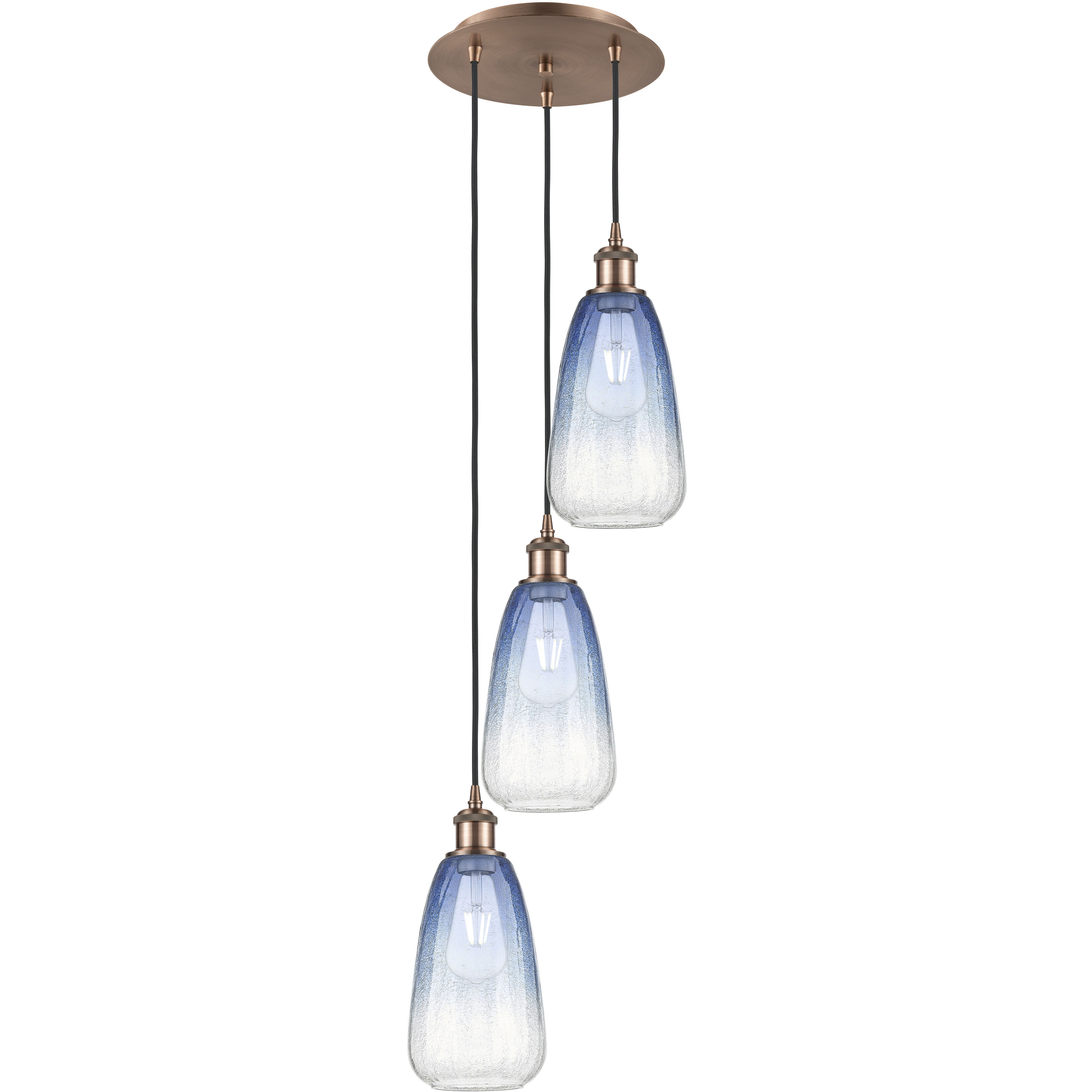 Ballston Brookhaven Almond 3 Light 12.5 inch Antique Copper Multi Pendant Ceiling Light in Sapphire Blue Glass