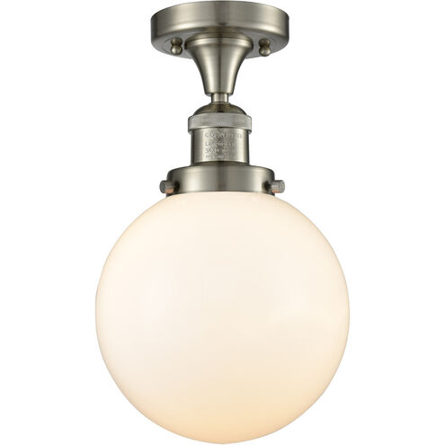 Franklin Restoration Large Beacon LED 8 inch Brushed Satin Nickel Semi-Flush Mount Ceiling Light in Matte White Glass, Franklin Restoration