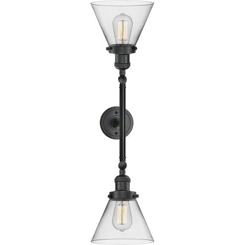 Franklin Restoration Large Cone 2 Light 18 inch Matte Black Bath Vanity Light Wall Light in Clear Glass, Franklin Restoration