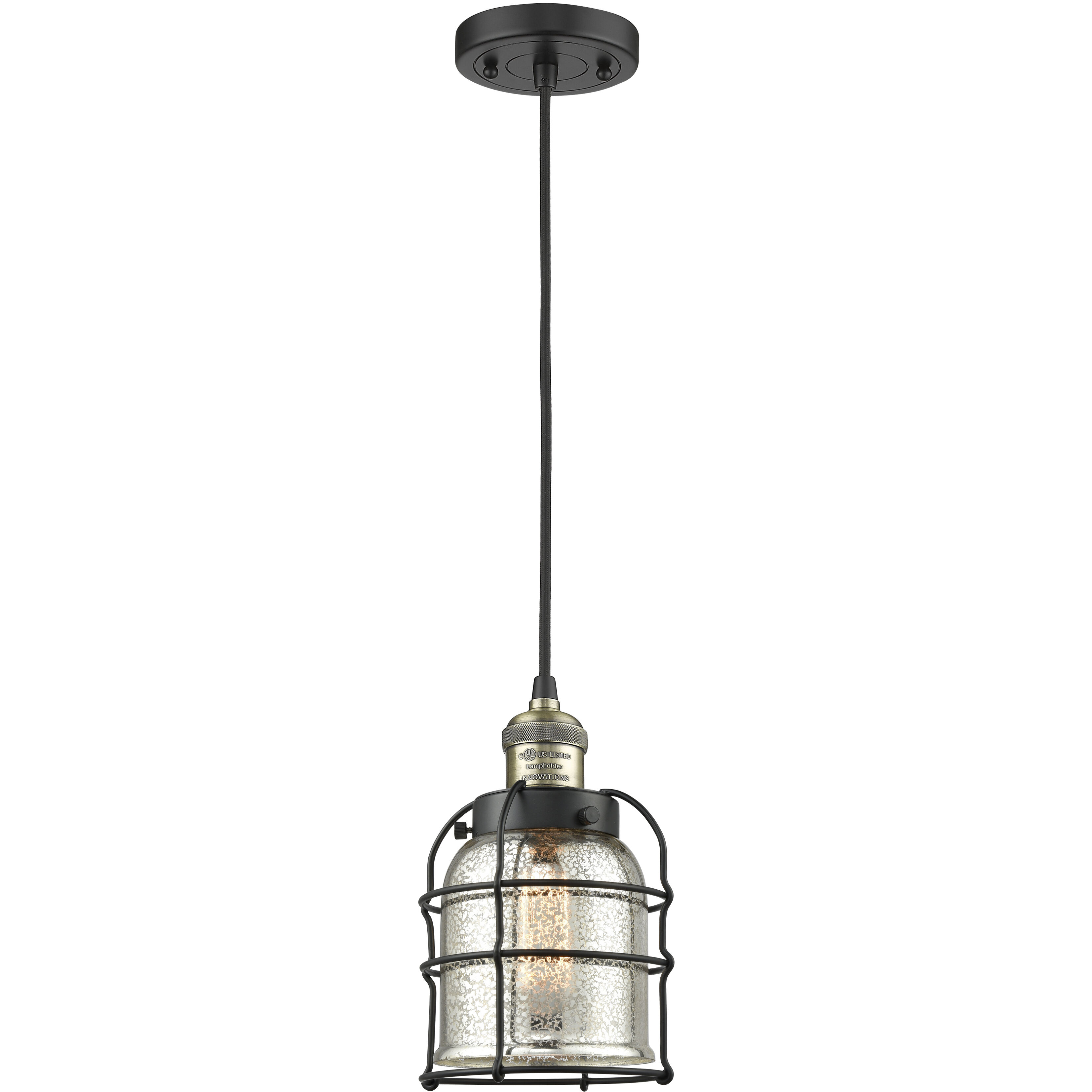 Franklin Restoration Bell Cage LED 6 inch Black Antique Brass Mini Pendant Ceiling Light in Silver Plated Mercury, Franklin Restoration