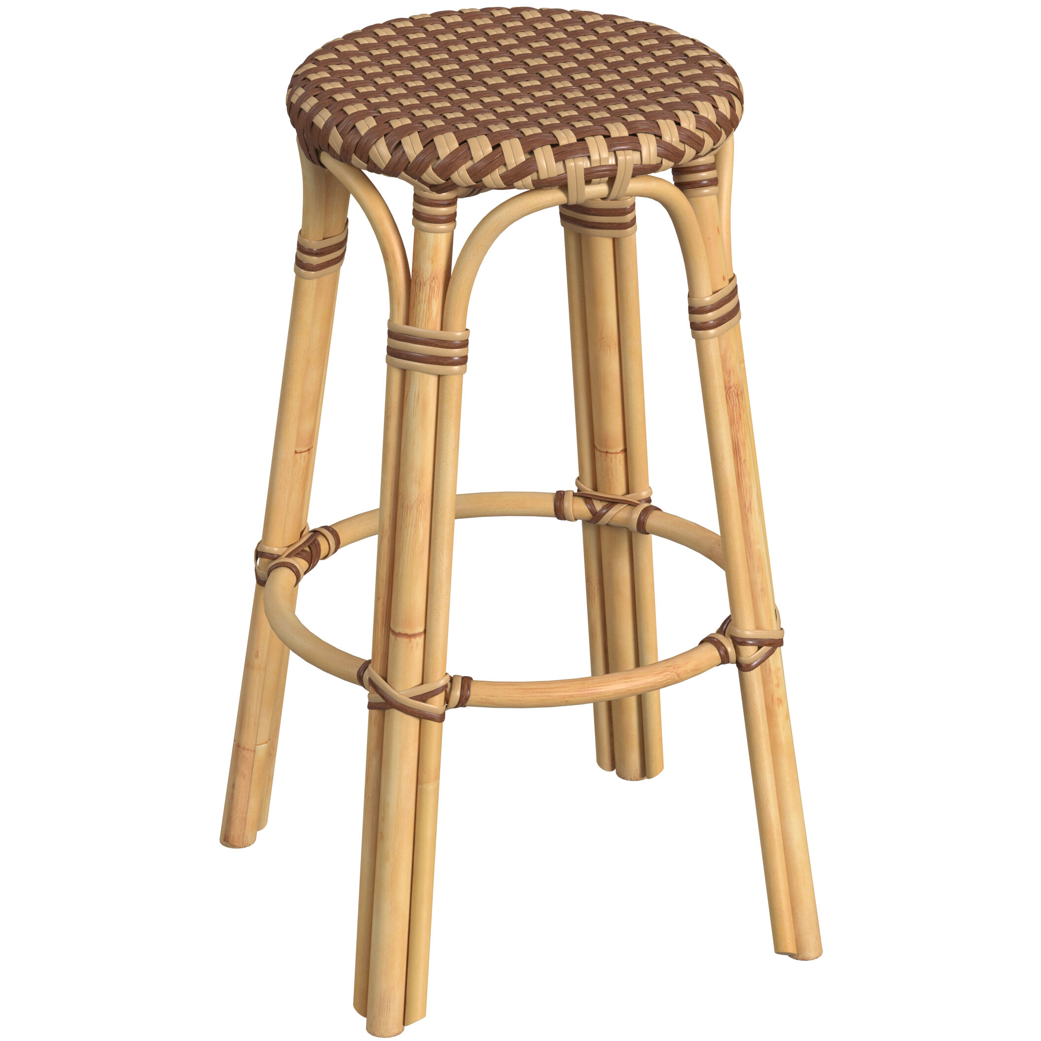 Tobias Round Rattan 30" Bar Stool in Brown and Tan Dot