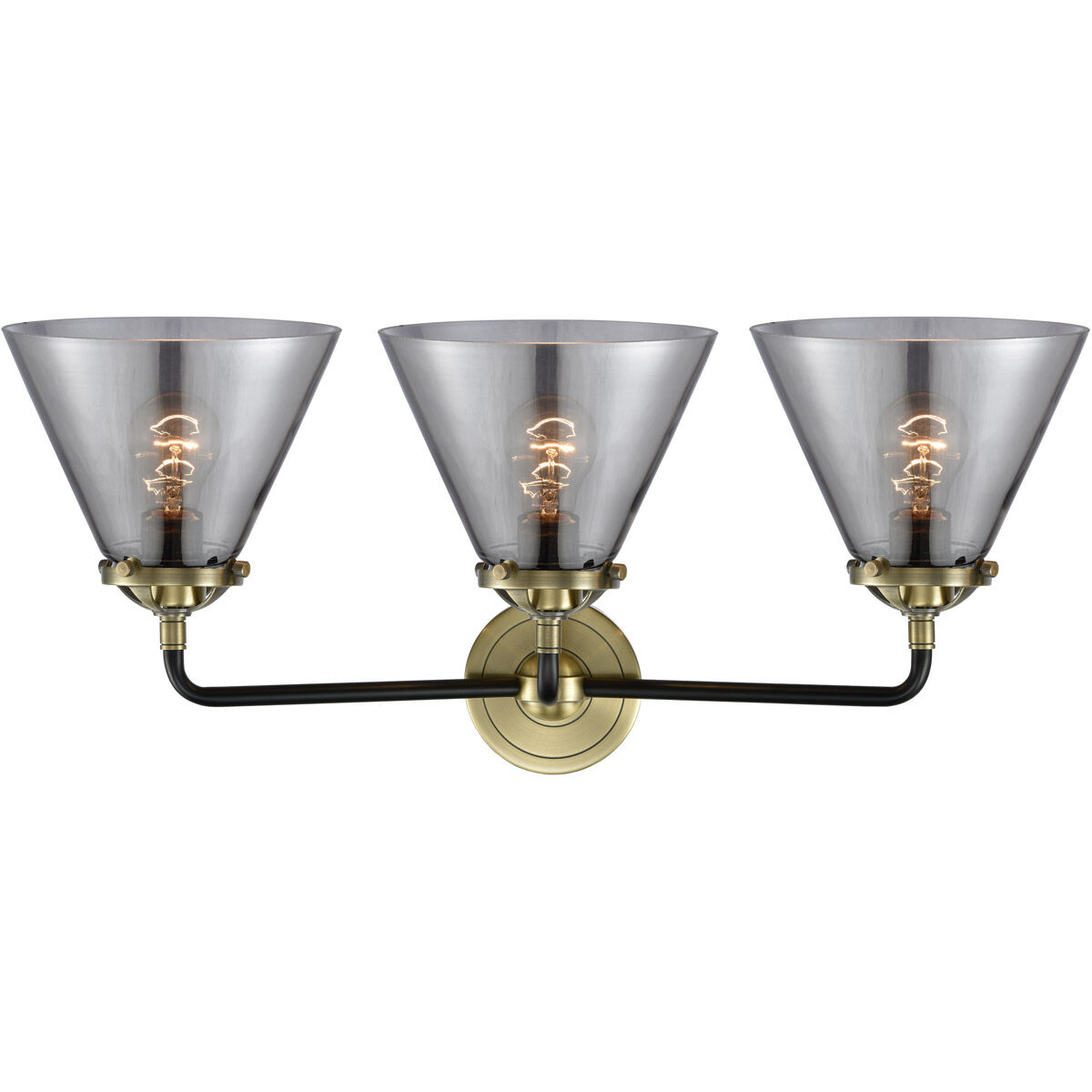 Nouveau Large Cone 3 Light 26 inch Black Antique Brass Bath Vanity Light Wall Light in Plated Smoke Glass, Nouveau