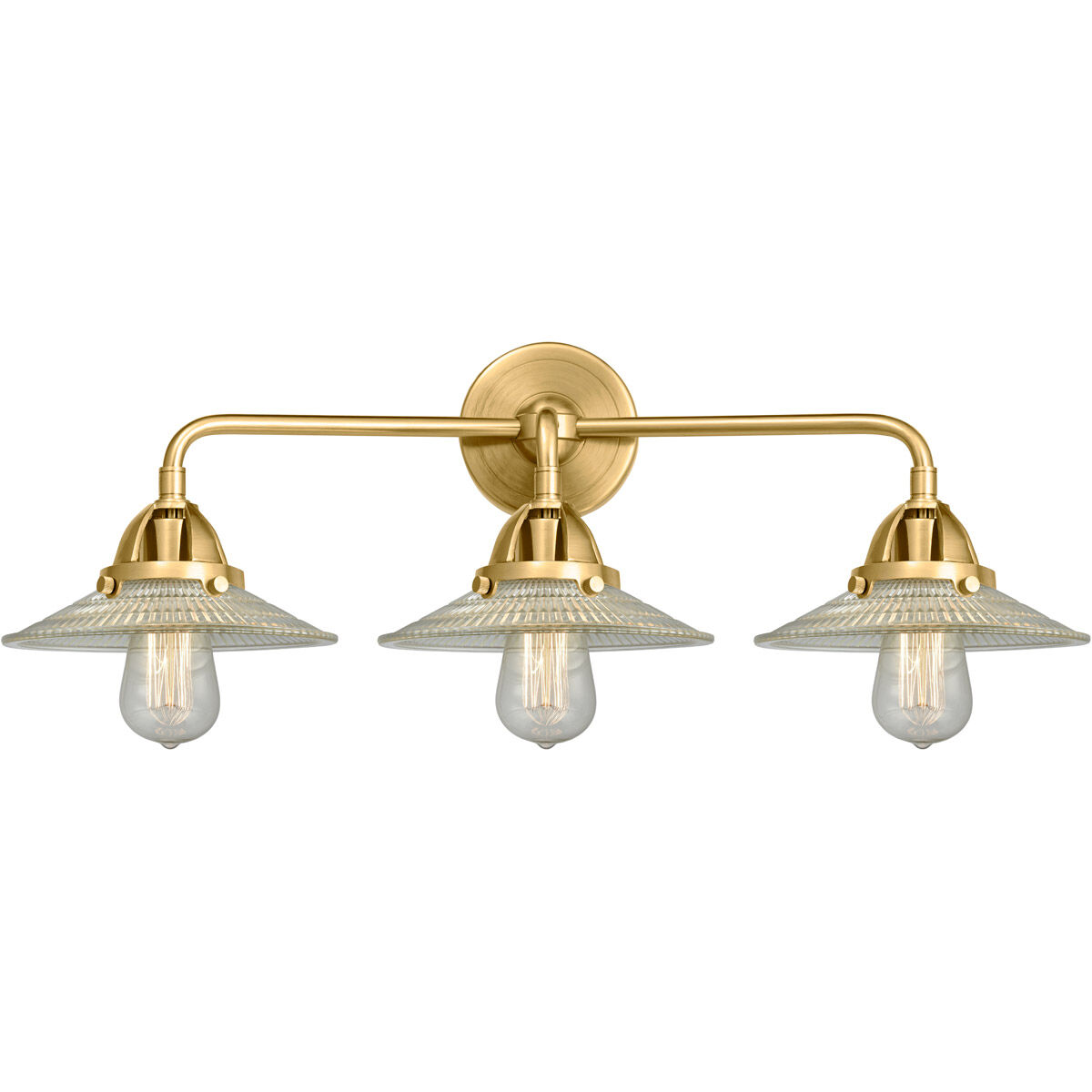 Nouveau 2 Halophane 3 Light 27 inch Satin Gold Bath Vanity Light Wall Light in Clear Halophane Glass