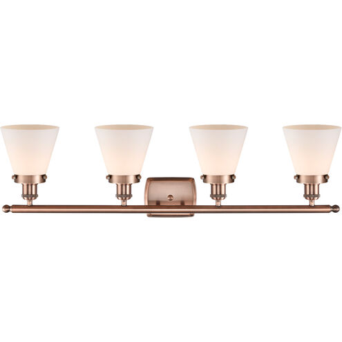 Ballston Small Cone 4 Light 36 inch Antique Copper Bath Vanity Light Wall Light in Matte White Glass