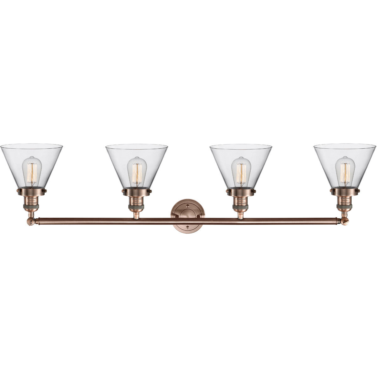 Franklin Restoration Large Cone 4 Light 44 inch Antique Copper Bath Vanity Light Wall Light in Clear Glass, Franklin Restoration