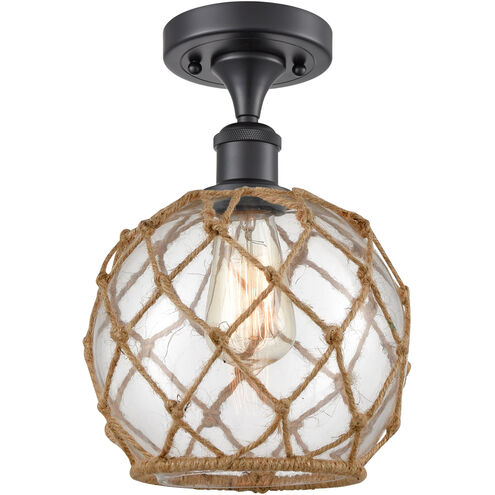 Ballston Farmhouse Rope LED 8 inch Matte Black Semi-Flush Mount Ceiling Light in Clear Glass with Brown Rope, Ballston