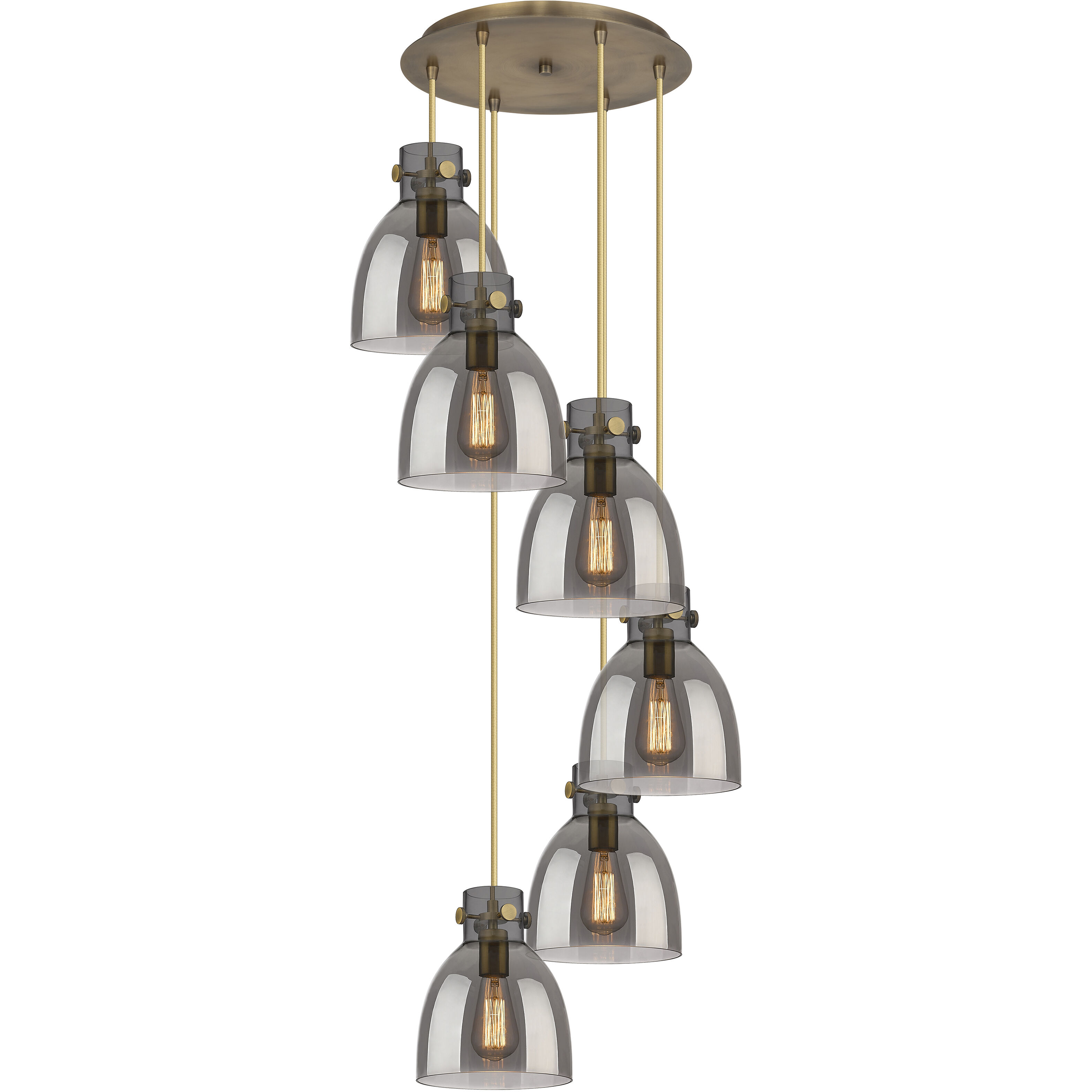 Newton Bell 6 Light 18.63 inch Brushed Brass Multi Pendant Ceiling Light in Light Smoke Glass