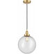 Edison Beacon LED 12 inch Satin Gold Mini Pendant Ceiling Light in Seedy Glass