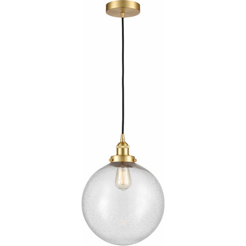 Edison Beacon LED 12 inch Satin Gold Mini Pendant Ceiling Light in Seedy Glass
